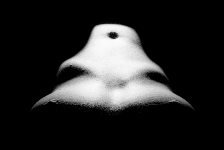 photo noir et blanc buste de femme nu sans les bras éclairage frôlant le ventre de la pointe des seins au nombril